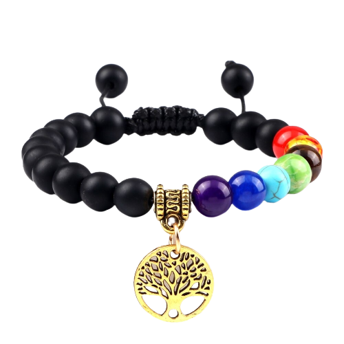 Bracelet 7 chakras anti stress de guérison avec pendentif "Léo" - Onyx